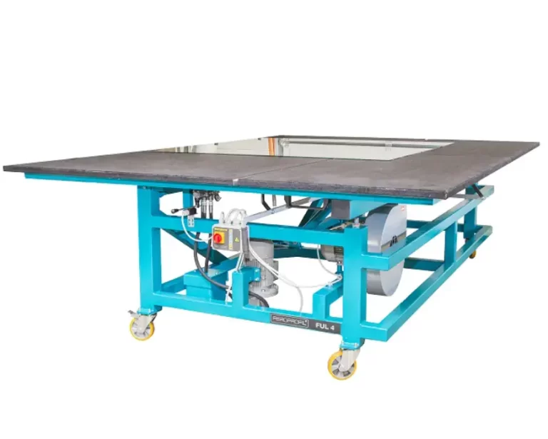 Hydraulic glass tilting table - side view bent